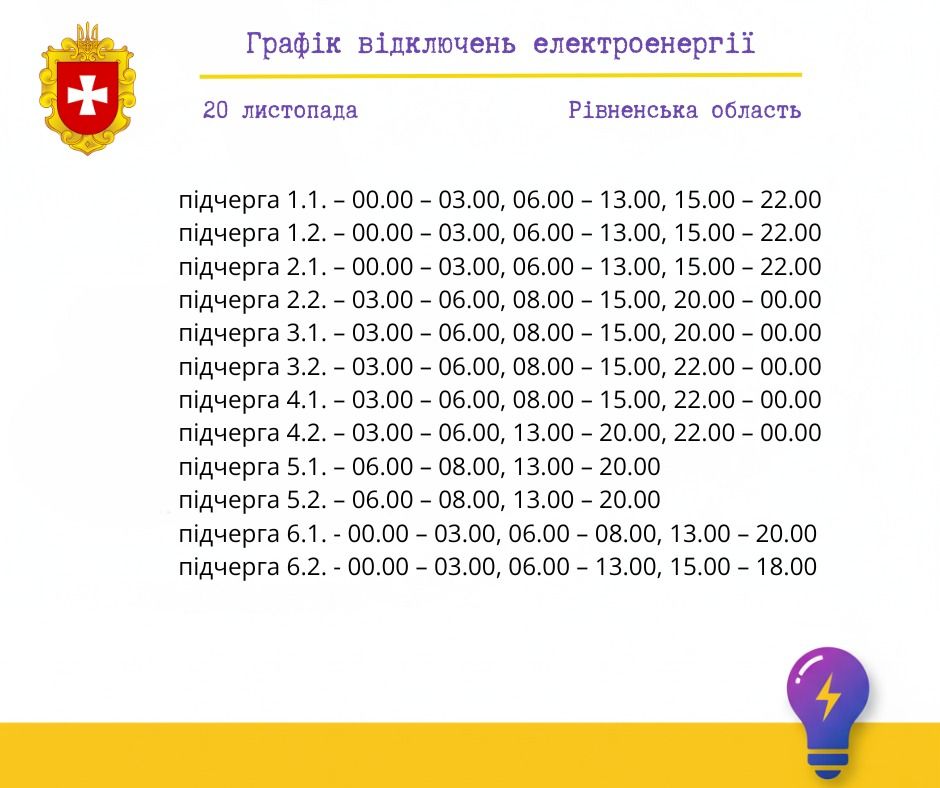 Графік відключень світла на Рівненщині на 20 листопада